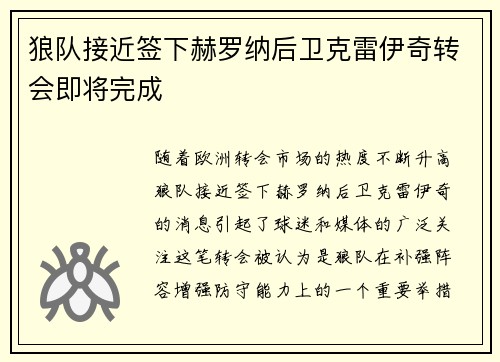 狼队接近签下赫罗纳后卫克雷伊奇转会即将完成