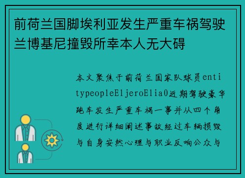 前荷兰国脚埃利亚发生严重车祸驾驶兰博基尼撞毁所幸本人无大碍
